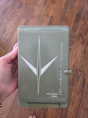 Vintage Bates List Directory Rolodex,  Green Metal, Desktop Memo Box